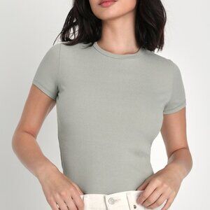 Lulus Effortless Upgrade Sage Green Ribbed Short Sleeve Top - Size S